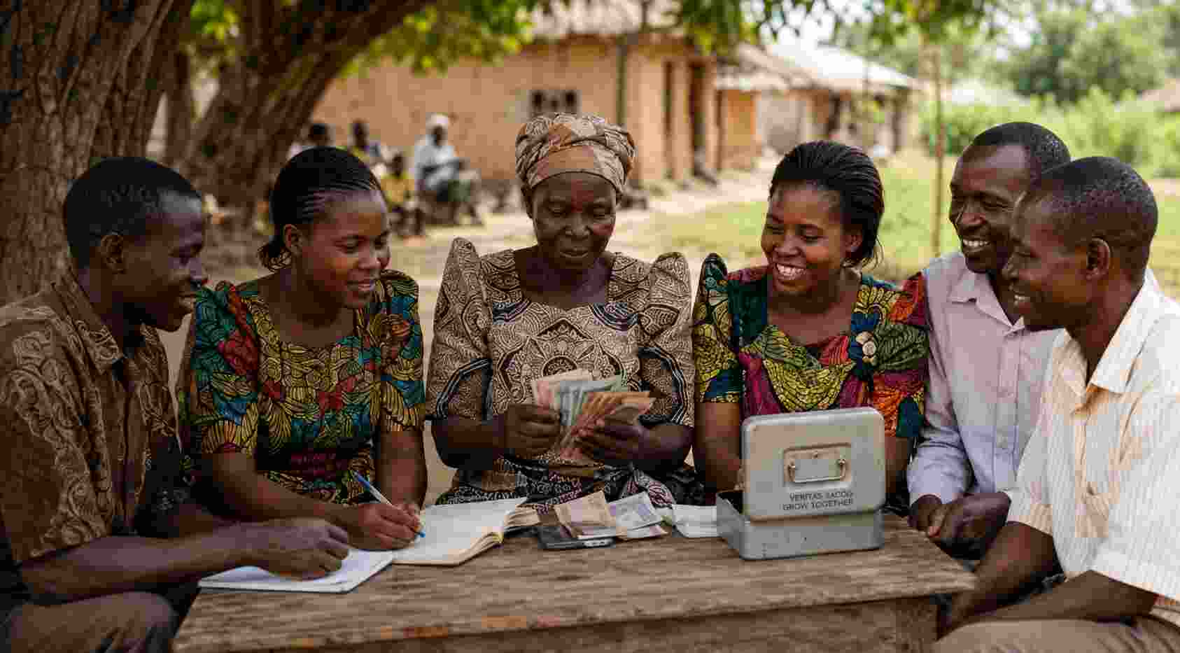 A community savings group meeting under a tree